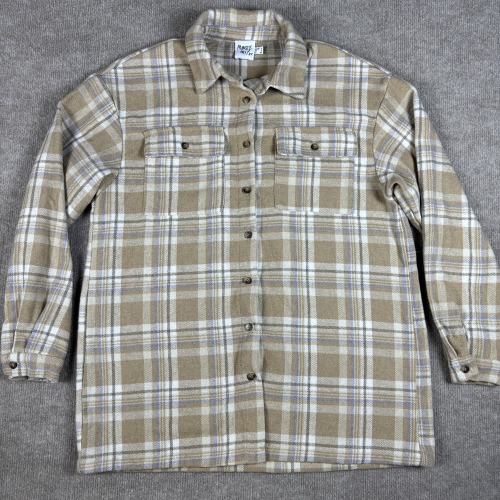Princess Polly Plaid Flannel Shacket Jacket Women's US 2 Beige Button Up